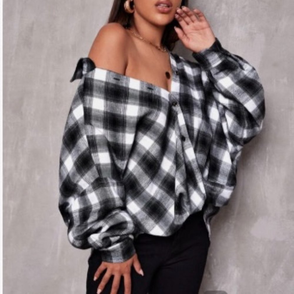 SHEIN Drop Shoulder Oversized Plaid Shirt, Black/White